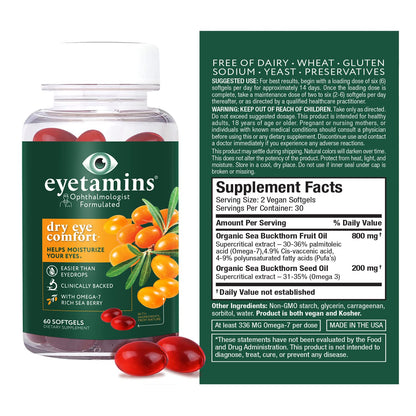 eyetamins Dry Eye Comfort - 60 Softgels | Ophthalmologist-Formulated, Himalayan Sea Buckthorn Oil