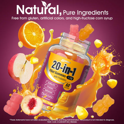 EYHBQIA Fiber Supplement 20-in-1 | 50B CFU Probiotic Gummies for Adults (Orange)