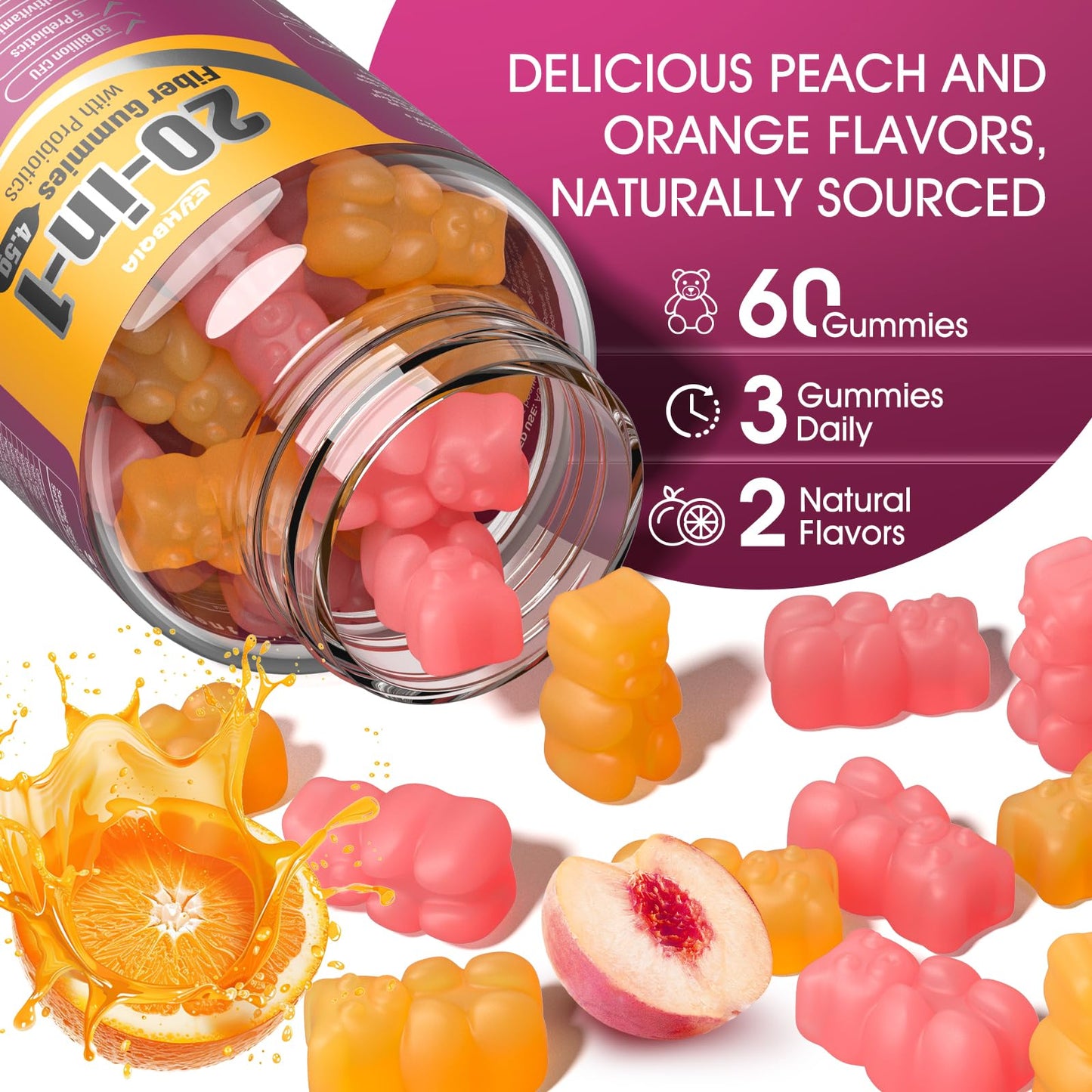 EYHBQIA Fiber Supplement 20-in-1 | 50B CFU Probiotic Gummies for Adults (Orange)