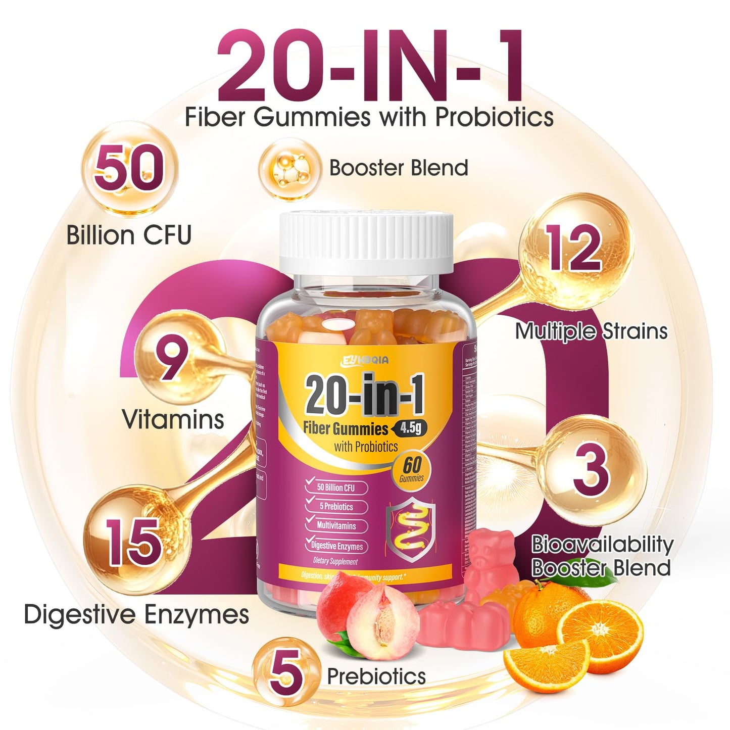 EYHBQIA Fiber Supplement 20-in-1 | 50B CFU Probiotic Gummies for Adults (Orange)