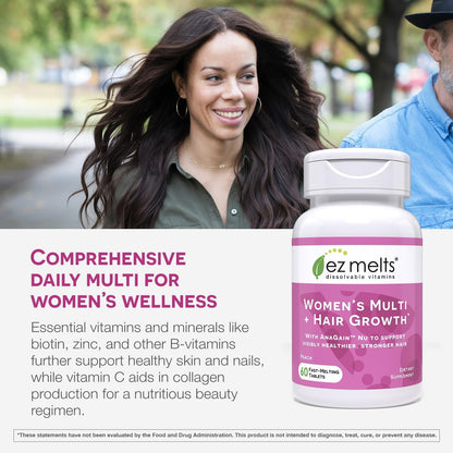 EZ Melts Women's Multi + Hair Growth – Peach, 120 Dissolvable Tablets (60 Servings) – Vegan & Non-GMO