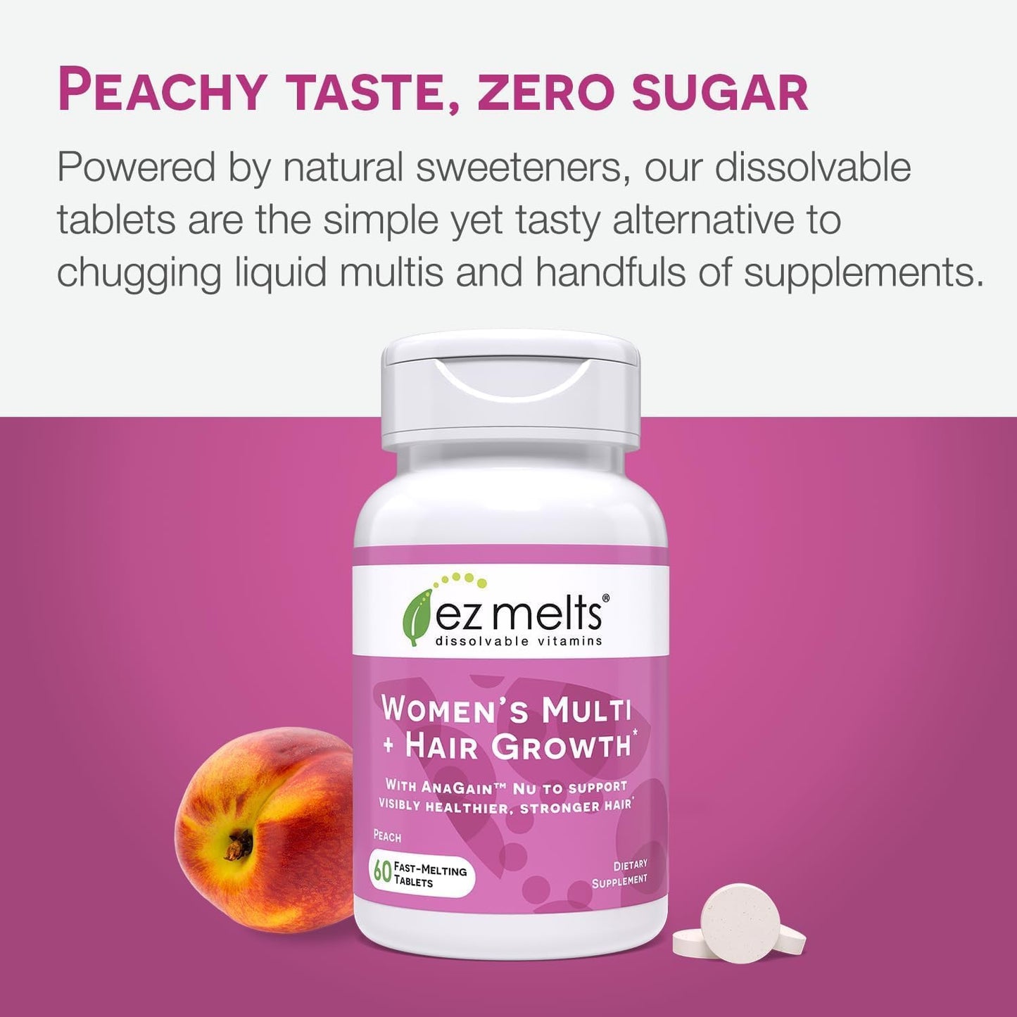 EZ Melts Women's Multi + Hair Growth – Peach, 120 Dissolvable Tablets (60 Servings) – Vegan & Non-GMO
