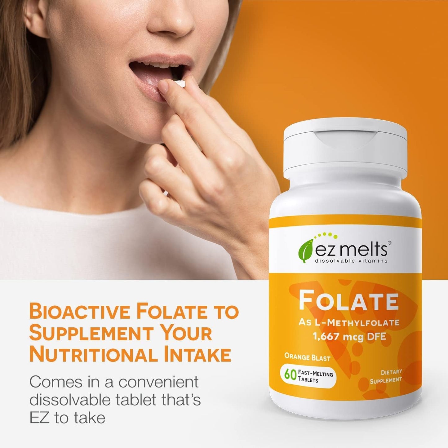 EZ Melts Folate 1,667 mcg DFE – Dissolvable, Methylated Folate for Heart Health & Fetal Development – Non-GMO, Vegan, Dairy-Free – Orange Blast (120 Servings)