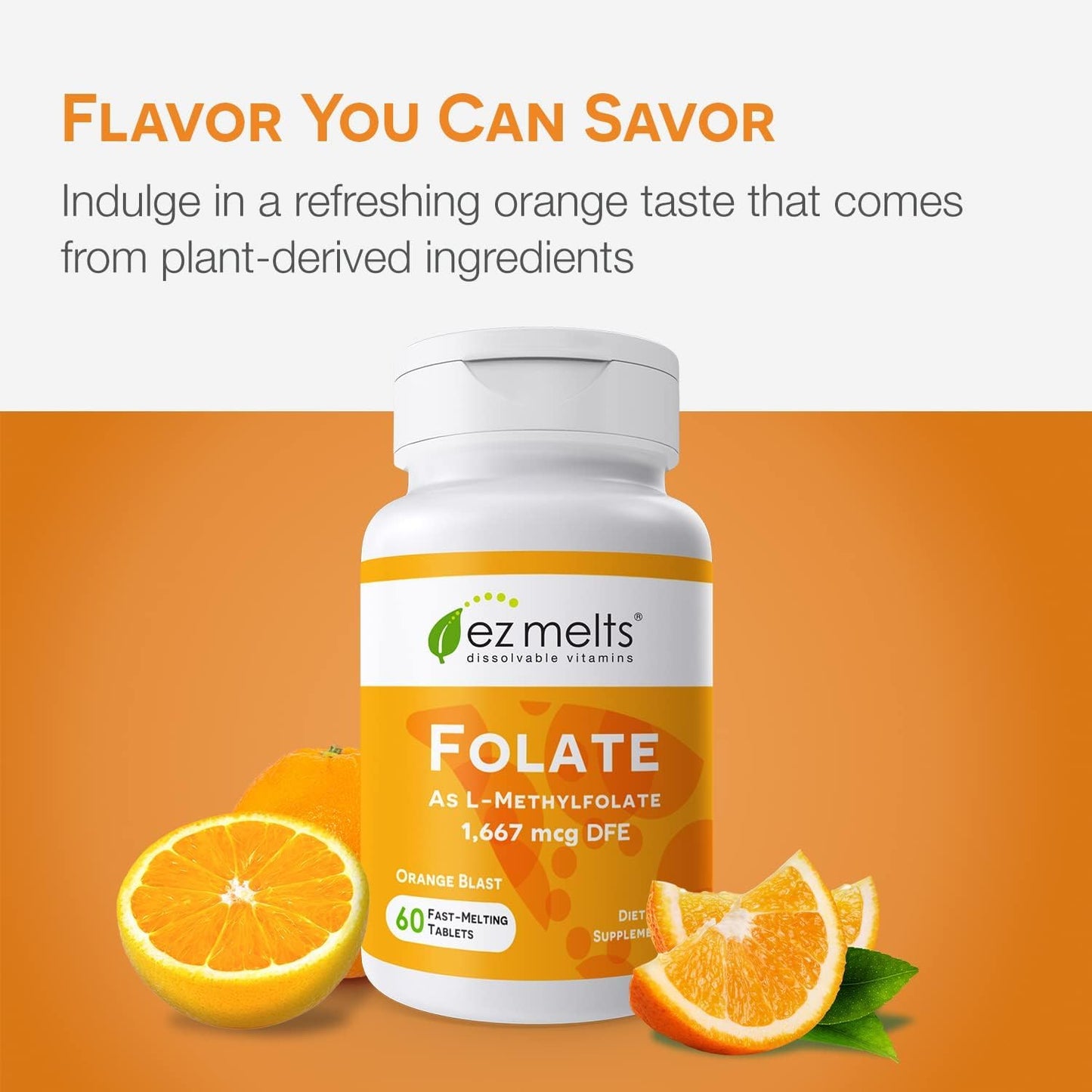 EZ Melts Folate 1,667 mcg DFE – Dissolvable, Methylated Folate for Heart Health & Fetal Development – Non-GMO, Vegan, Dairy-Free – Orange Blast (120 Servings)