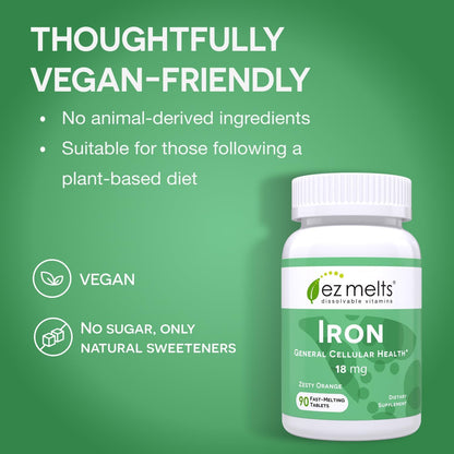 EZ Melts Dissolvable Iron 18 mg | Sugar-Free, 3-Month Supply (180 Count, Pack of 2)