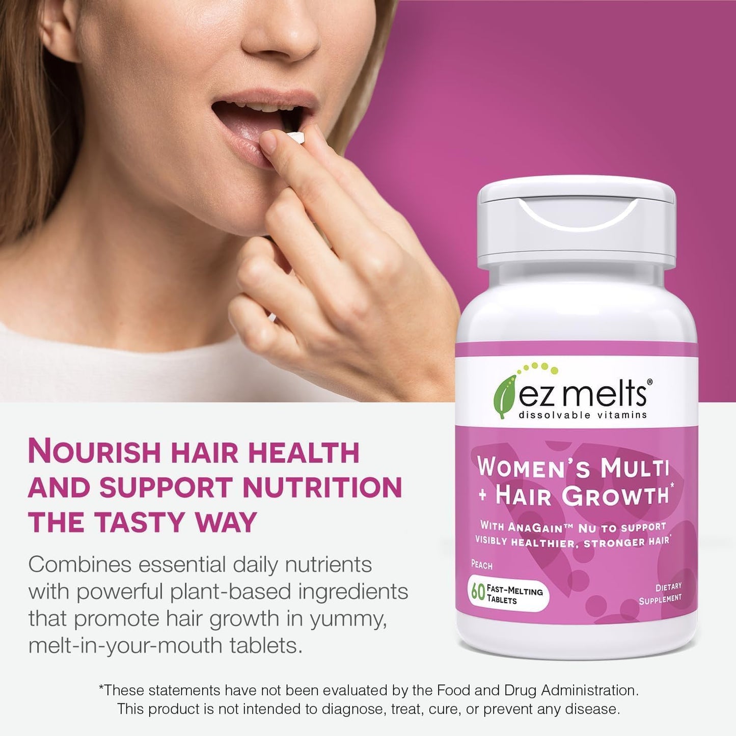 EZ Melts Women's Multi + Hair Growth – Peach, 120 Dissolvable Tablets (60 Servings) – Vegan & Non-GMO