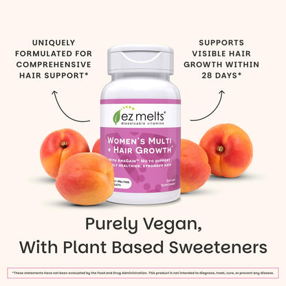 EZ Melts Women's Multi + Hair Growth – Peach, 120 Dissolvable Tablets (60 Servings) – Vegan & Non-GMO