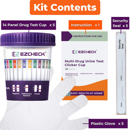5 Test Cups 14-Panel EZCHECK Urine Test Cup – At-Home Drug Test, 14 Substances, 5-Min Results