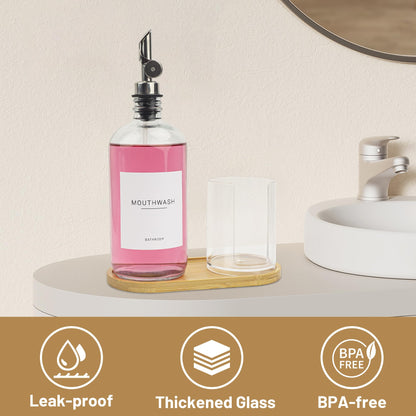 Ezebesta 480ml Glass Pump Dispenser for Mouthwash – Bamboo Tray, Cups Holder & Labels