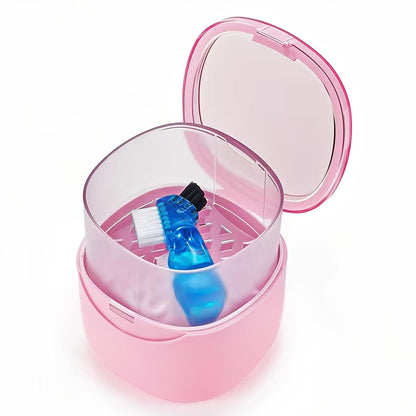 EZEELAI Partial Denture Case Leak Proof with Strainer Basket and Brush | Waterproof Denture Cup Retainer - Pink