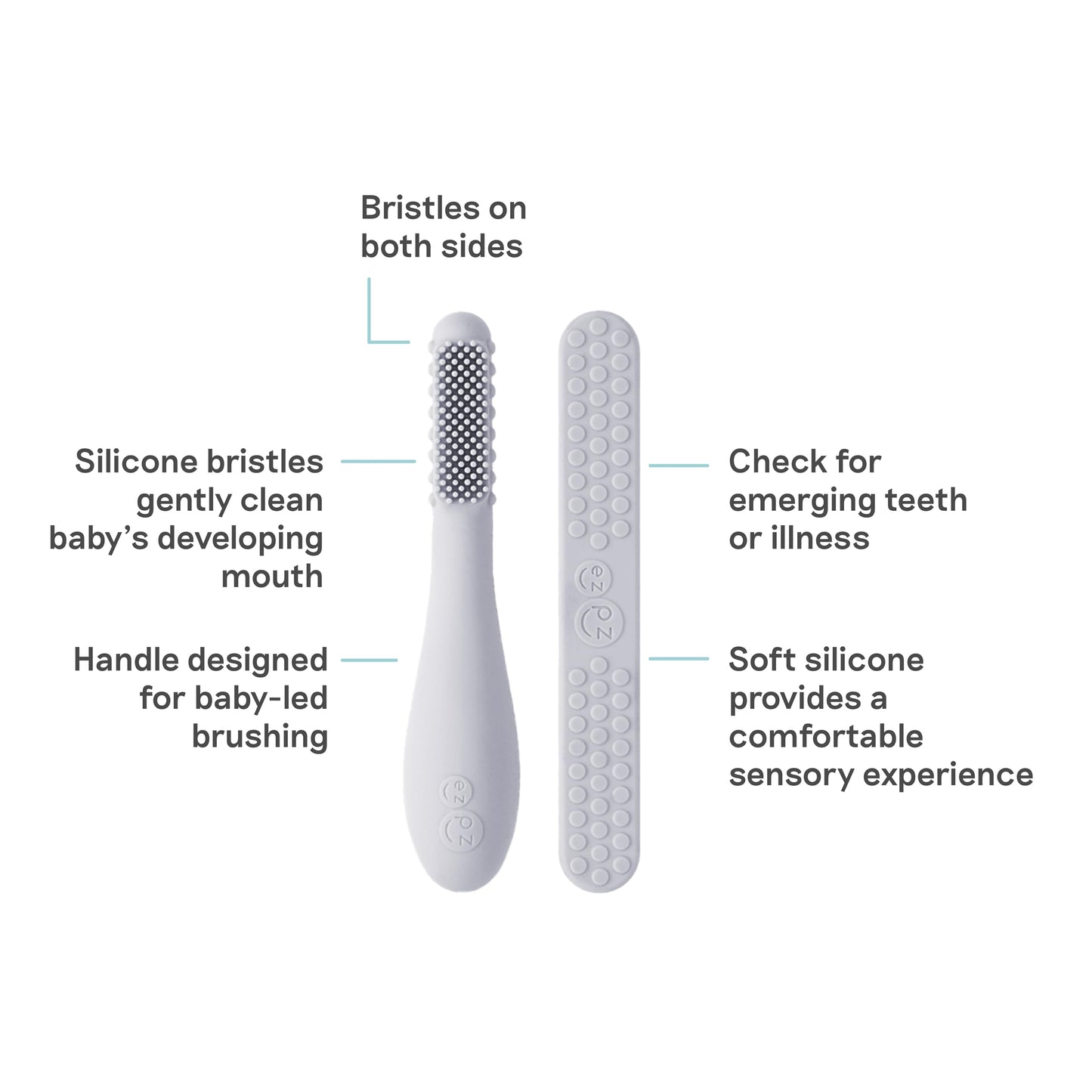 ezpz Baby-Led Toothbrush + Tongue Depressor Dual Pack (Pewter) – 100% Silicone Toothbrush & Silicone/Stainless Steel Tongue Depressor