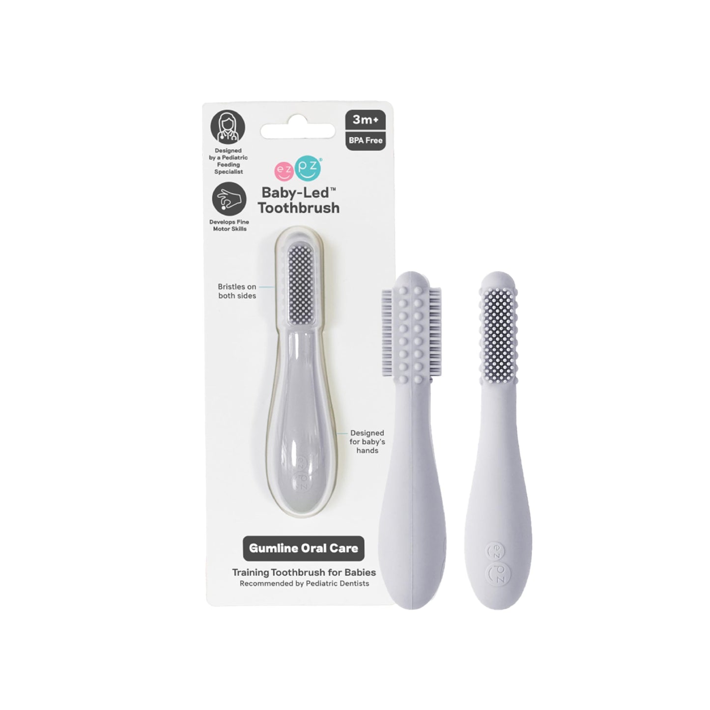 ezpz Baby-Led Toothbrush Pewter (3+ Months) - Silicone Infant Toothbrush
