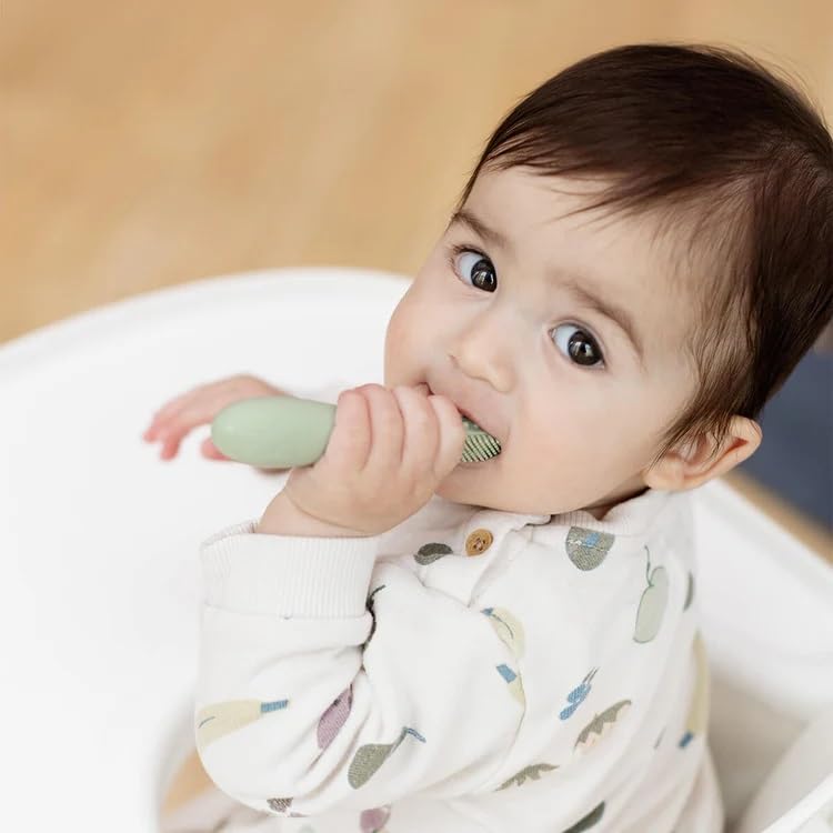 ezpz Baby-Led Toothbrush (Sage) – 3+ Months | 100% Silicone with Sensory Bumps