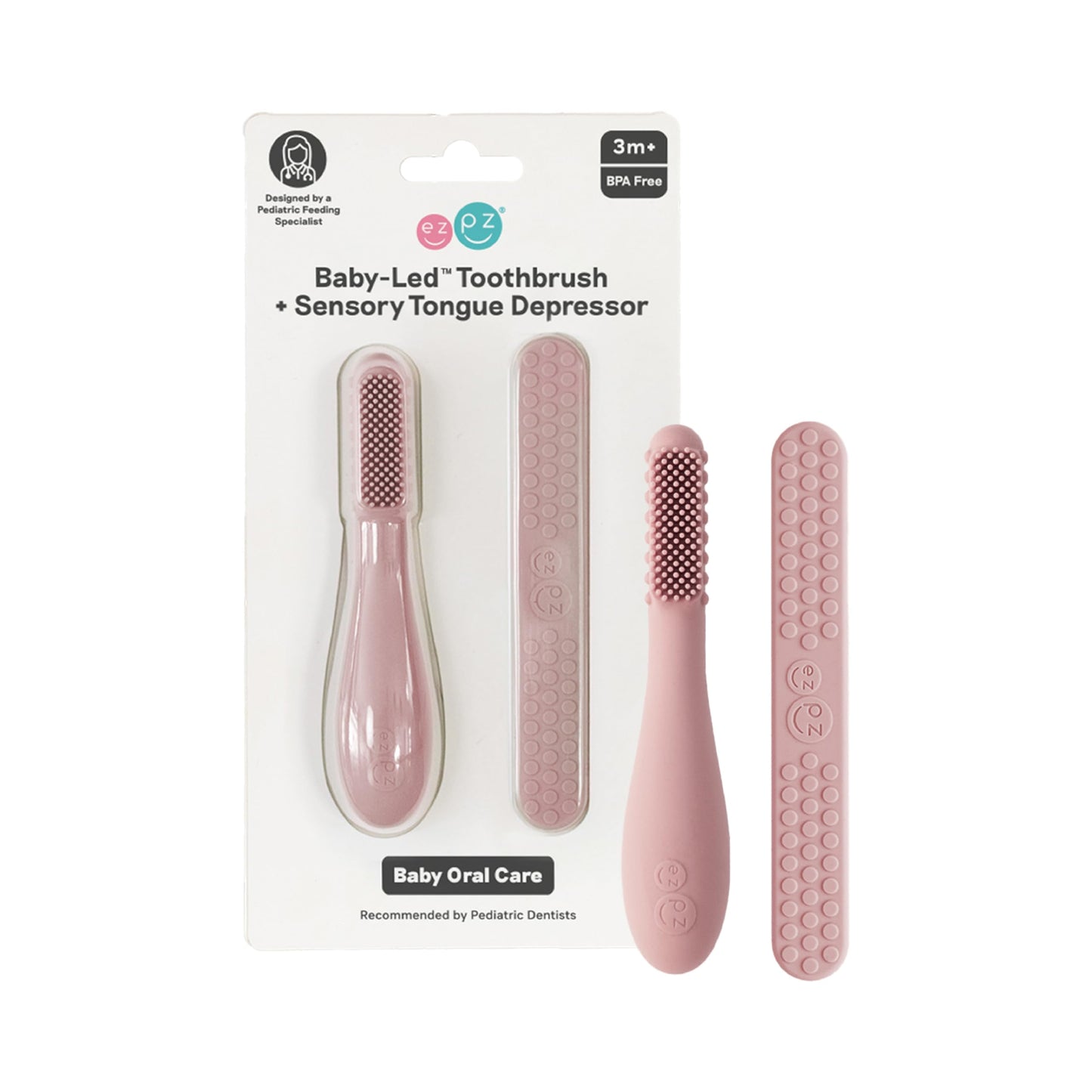 ezpz Baby-Led Toothbrush + Tongue Depressor Dual Pack – Blush (100% Silicone)