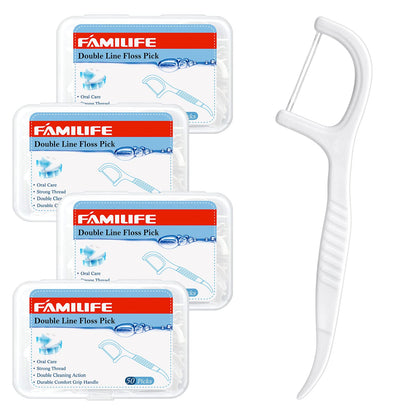 FAMILIFE Double Line Dental Floss Picks – 200 Count, Unwaxed & Unflavored Threader Flosser, 4 Travel Cases