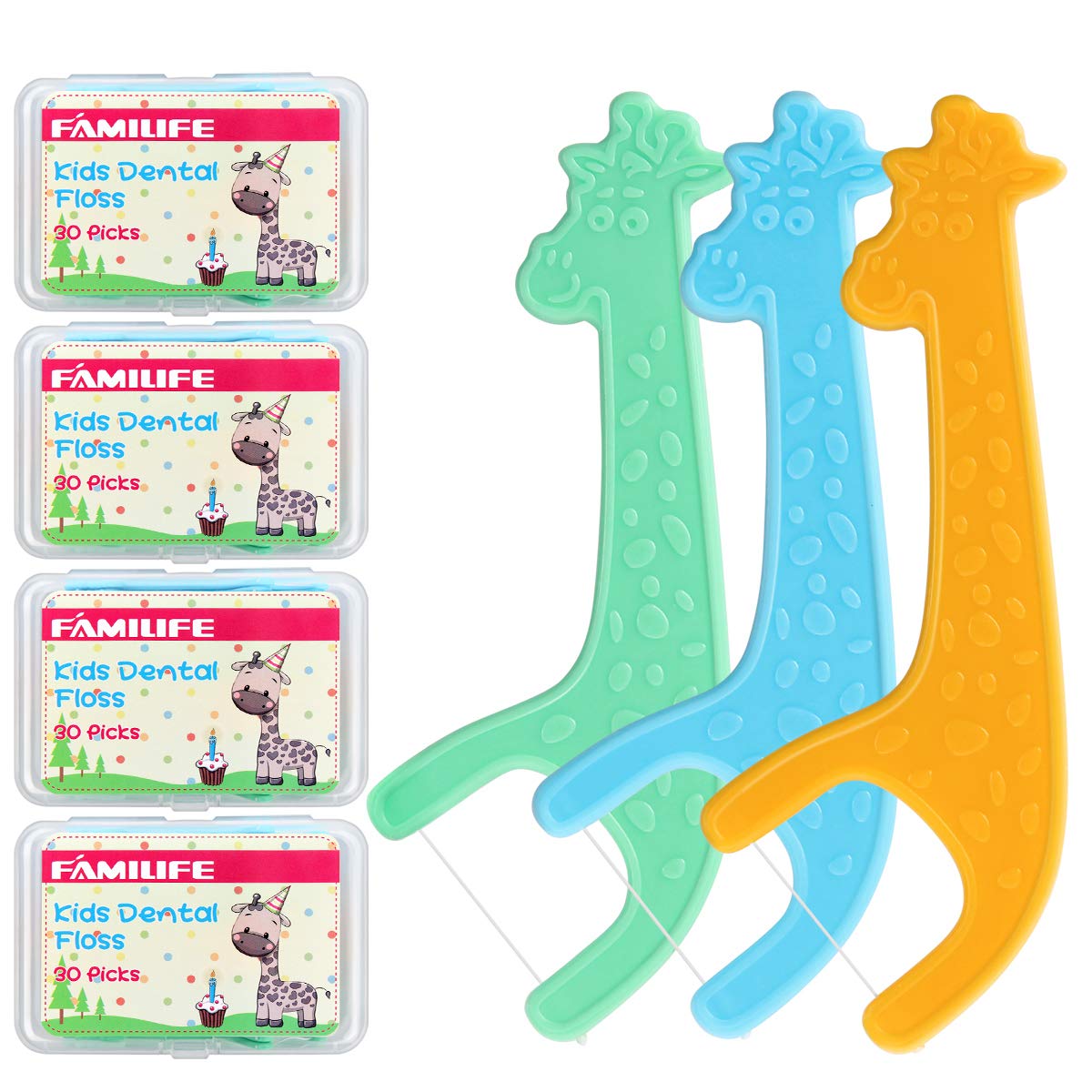 FAMILIFE Floss Picks 120 Pcs - Fluoride-Free Kids Dental Flossers with 4 Travel Cases