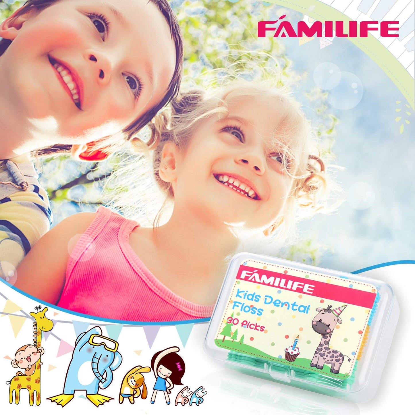 FAMILIFE Floss Picks 120 Pcs - Fluoride-Free Kids Dental Flossers with 4 Travel Cases