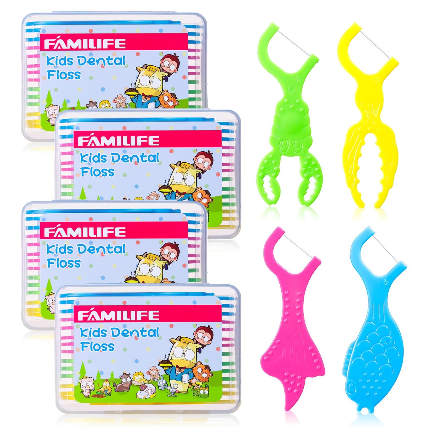 FAMILIFE Kid Floss Picks – 120 Pcs Fluoride-Free Flossers with 4 Travel Cases