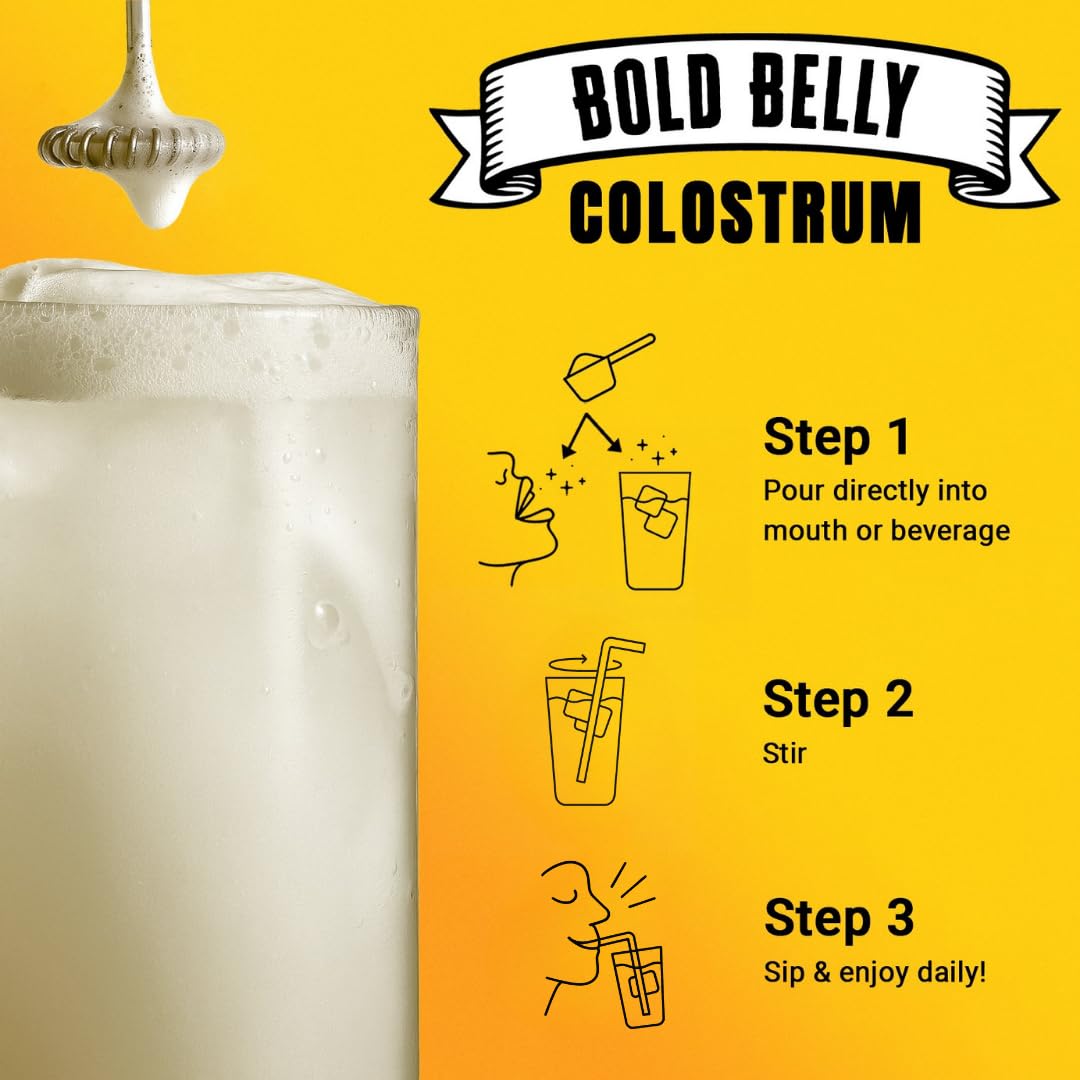 Bold Belly Colostrum Powder Supplement - Whole Cream Bovine Colostrum for Gut & Immune Support, Grass-Fed USA Cows, Cold-Processed, Natural IgG Colostrum Superfood, Unflavored - 5.3 OZ