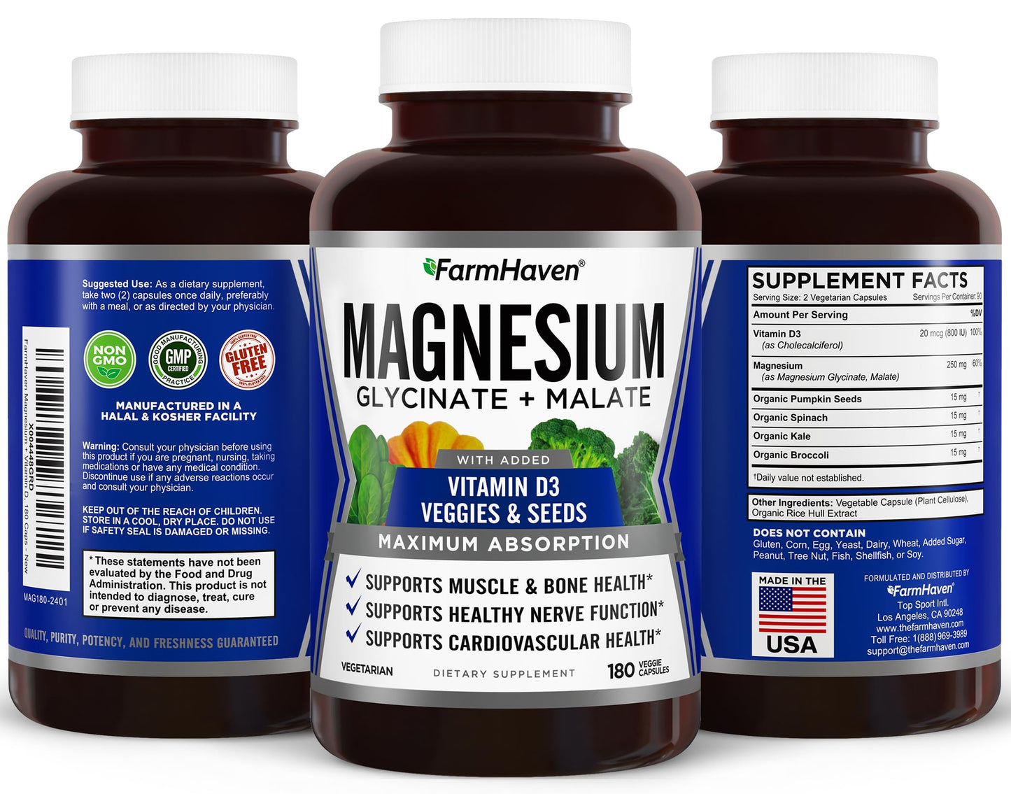 FarmHaven Magnesium Glycinate & Malate Complex with Vitamin D3 - 180 Capsules
