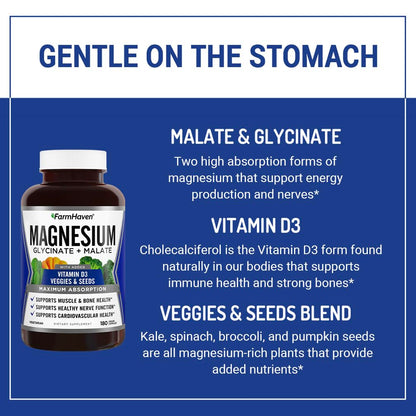 FarmHaven Magnesium Glycinate & Malate Complex with Vitamin D3 - 180 Capsules