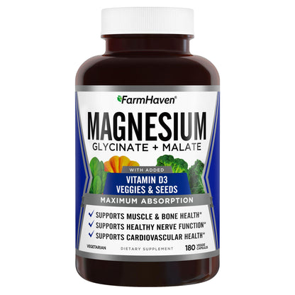 FarmHaven Magnesium Glycinate & Malate Complex with Vitamin D3 - 180 Capsules