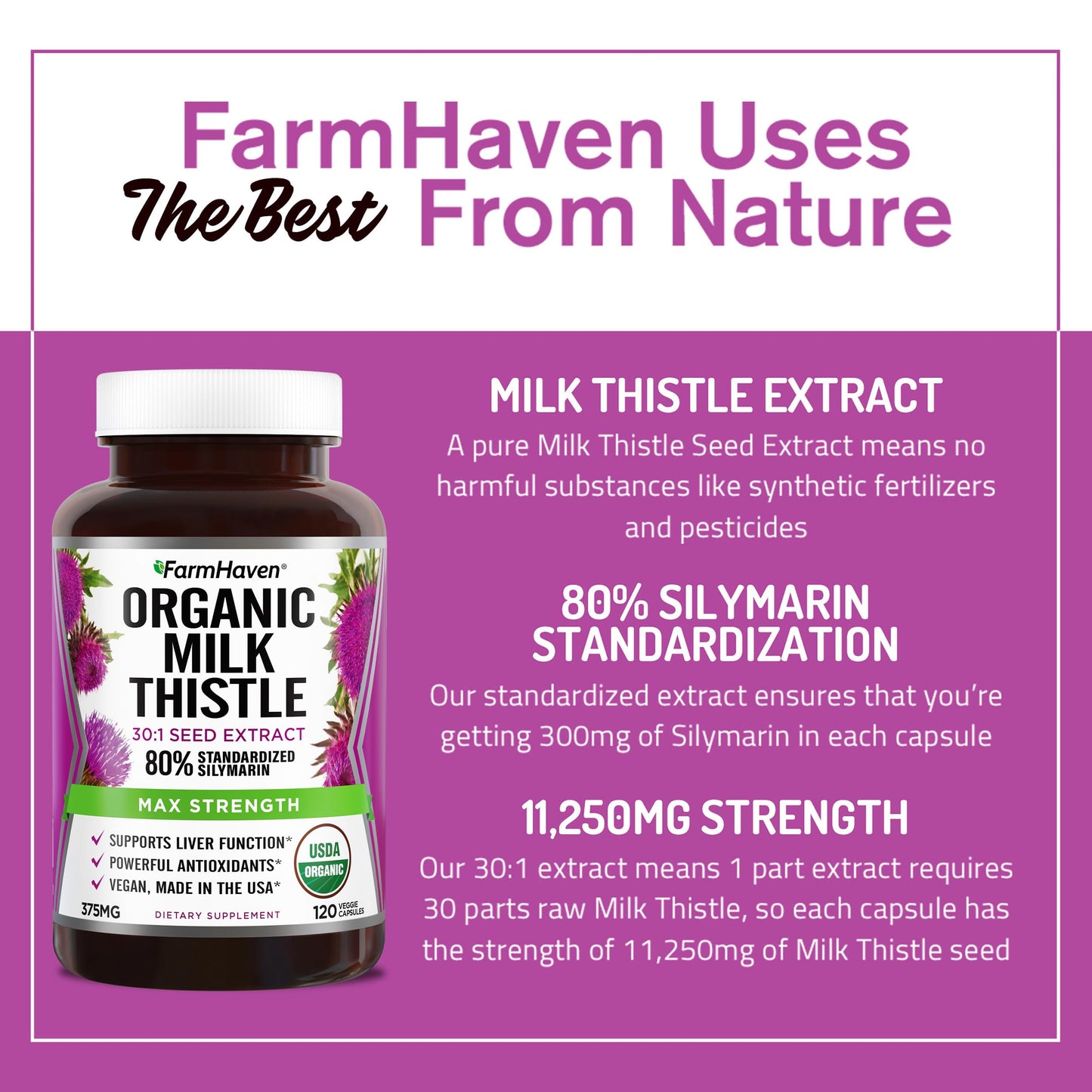 FarmHaven USDA Organic Milk Thistle Capsules | 30:1 Concentrated Seed Extract, 80% Silymarin, 240 Veggie Capsules