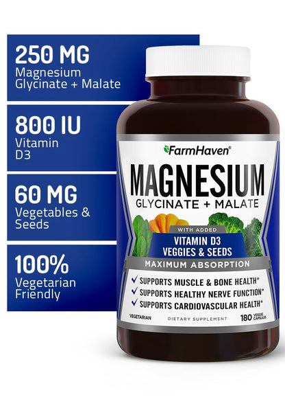 FarmHaven Magnesium Glycinate & Malate Complex with Vitamin D3 - 180 Capsules