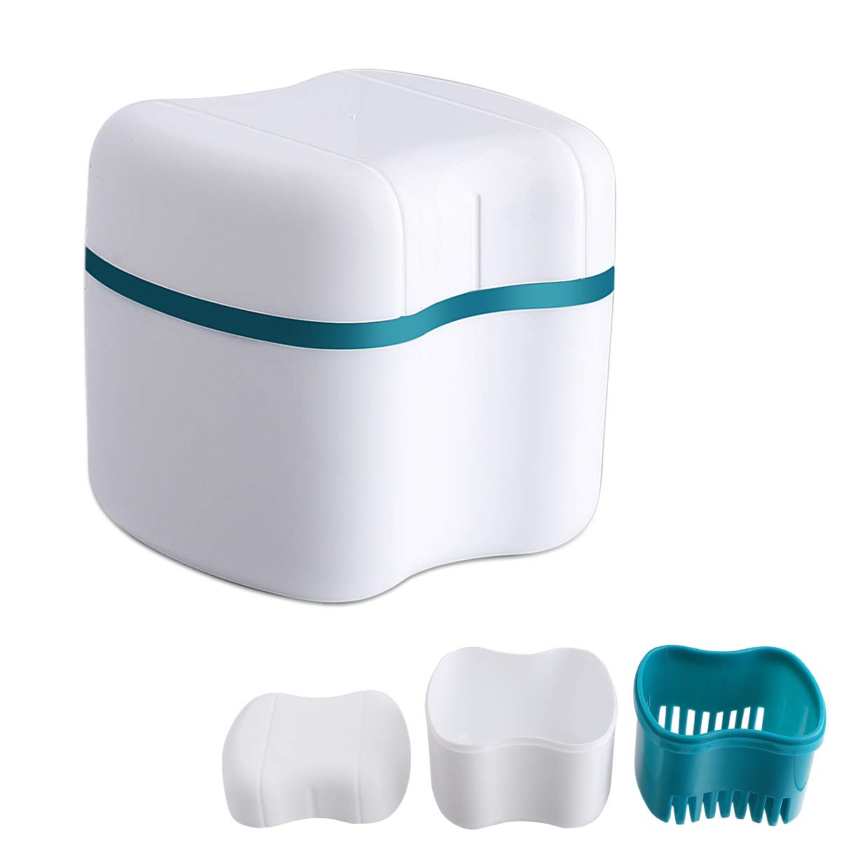 Faruijie Denture Bath Case with Basket - Portable Denture Cleaning Box & Retainer Case