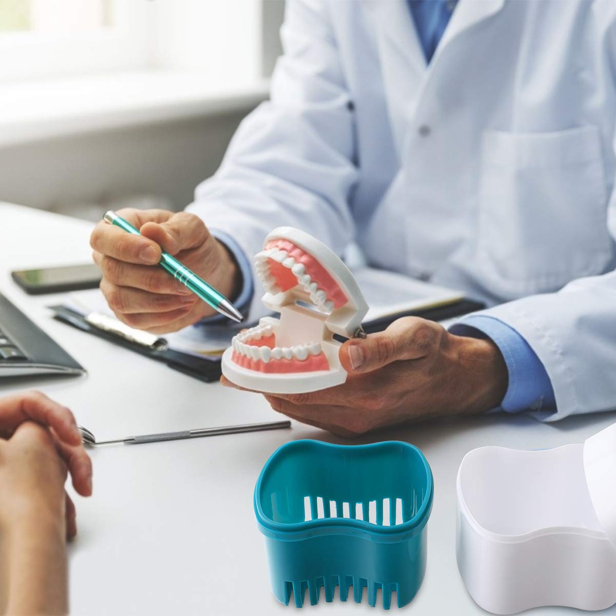 Faruijie Denture Bath Case with Basket - Portable Denture Cleaning Box & Retainer Case