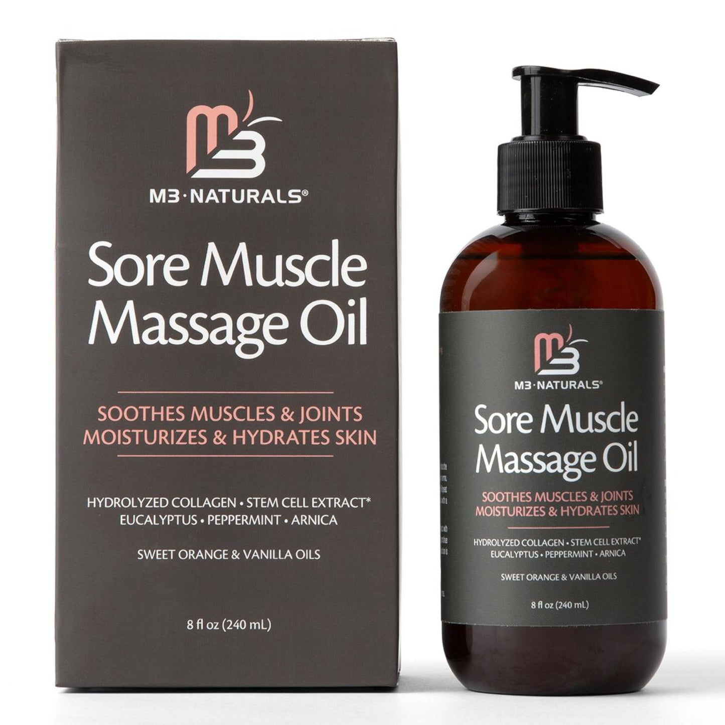 Arnica Sore Muscle Massage Oil with Collagen, Stem Cells & Menthol – Anti-Cellulite, Full-Body, 8 oz | M3 Naturals