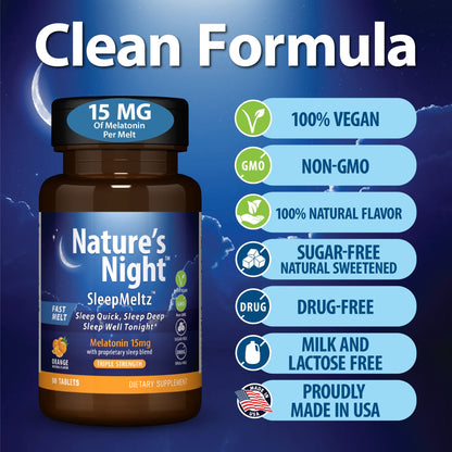 Nature's Night Melatonin 15mg Quick-Dissolve | Triple Strength Sleep Support, Orange Flavor, 90 Count – Sugar Free, Vegan, Non-GMO, Drug Free