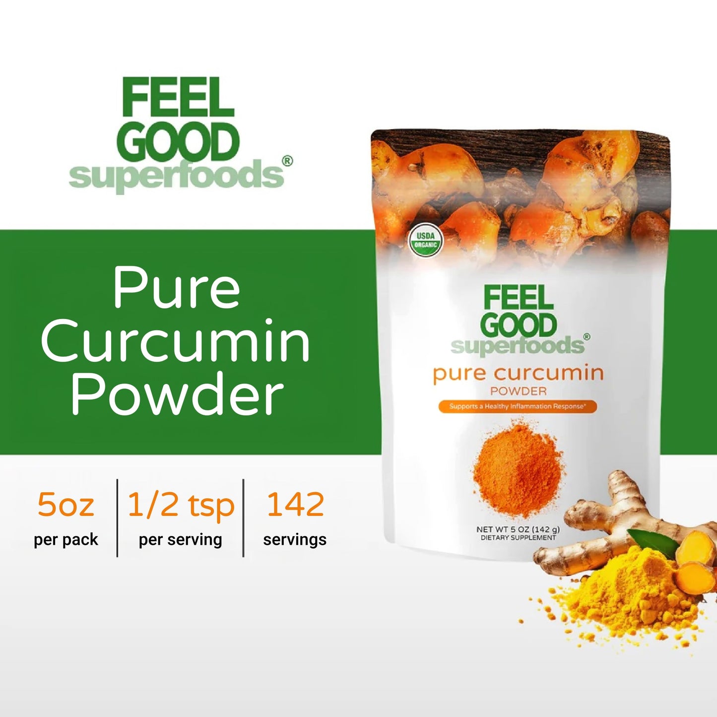 FEEL GOOD Superfoods Pure Curcumin Powder – Organic, Non-GMO, Vegan Turmeric Extract, 5 oz