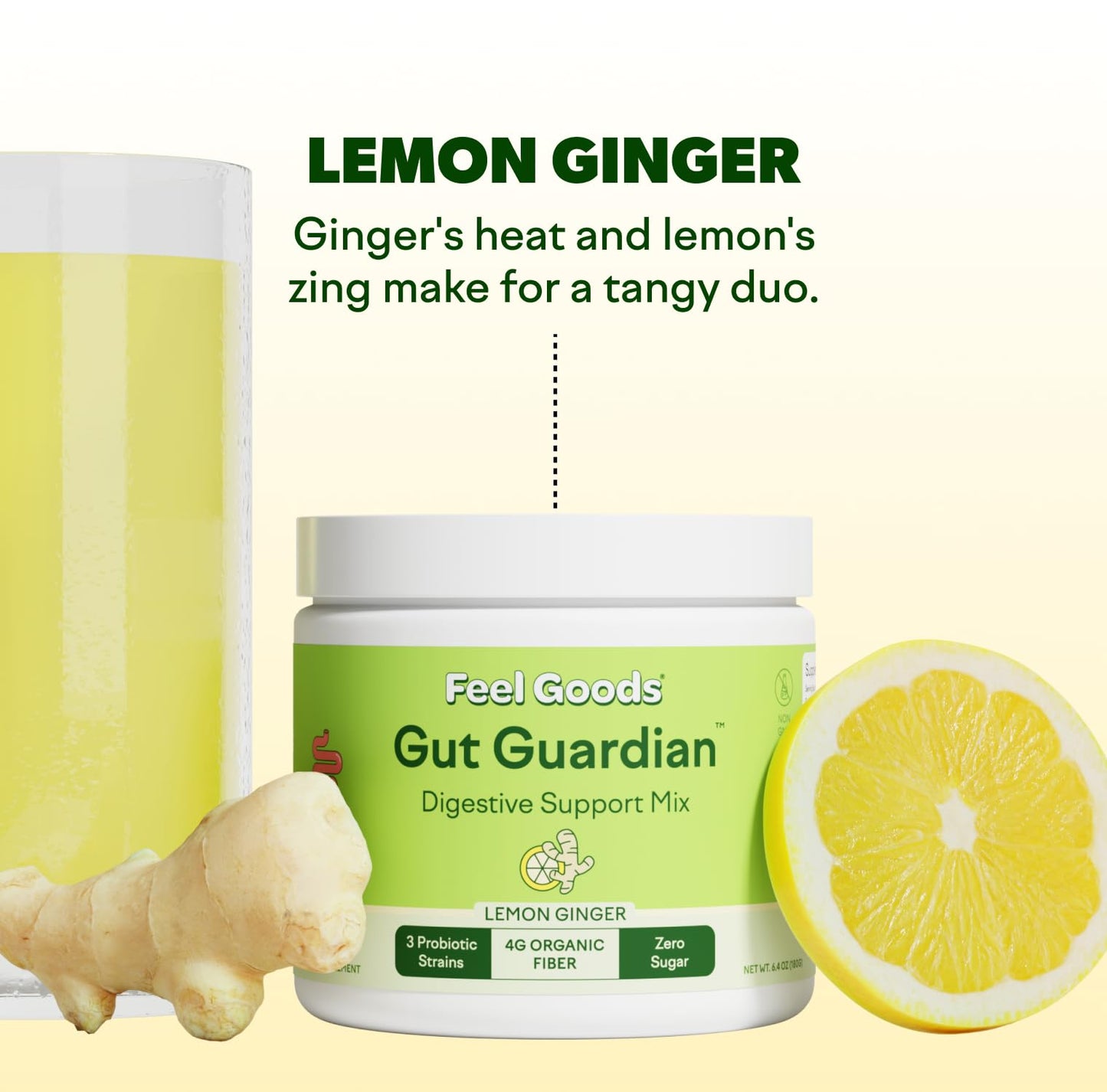 Feel Goods Gut Guardian: Organic Fiber, Probiotic & Prebiotic Powder – Lemon Ginger, Sugar Free, 30 Servings