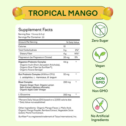 Feel Goods Gut Guardian – Organic Fiber, Probiotic & Prebiotic Powder (Sugar Free, Vegan) Tropical Mango 30 Count