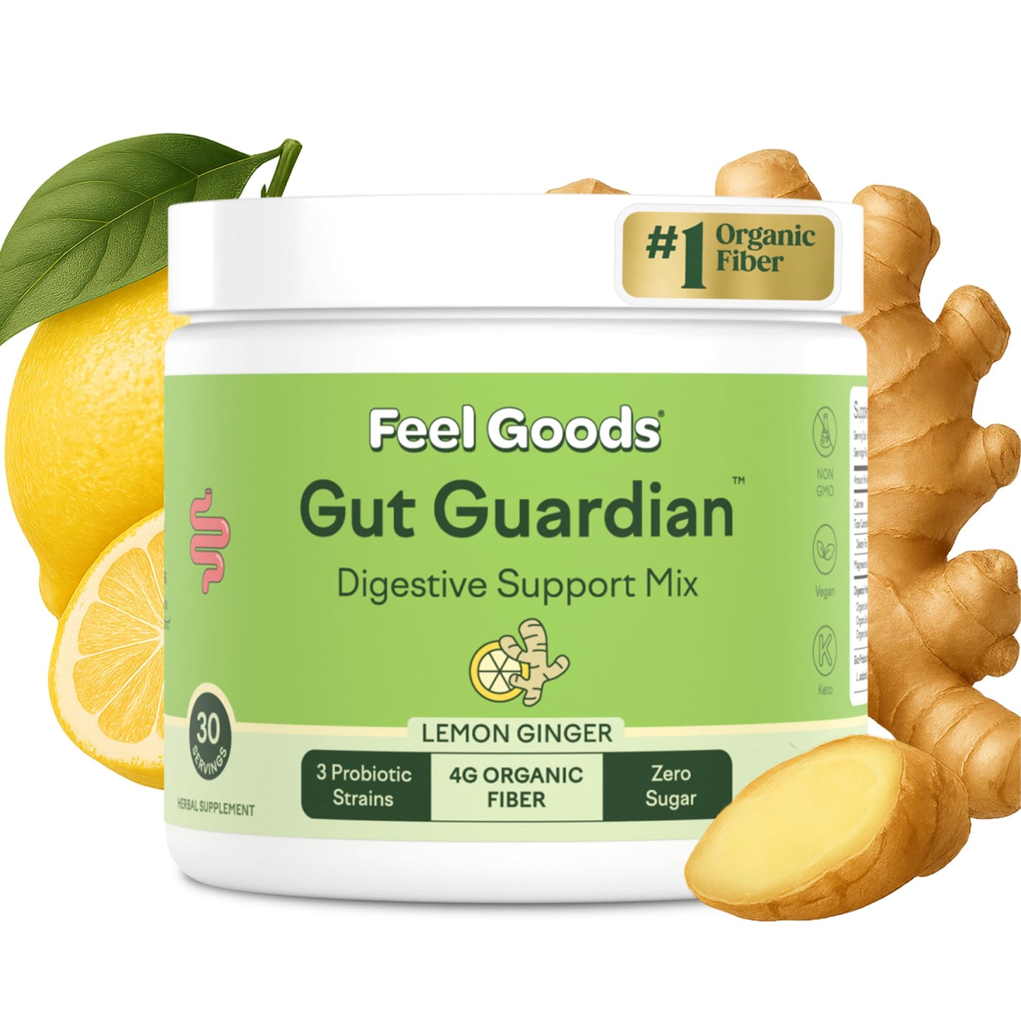 Feel Goods Gut Guardian: Organic Fiber, Probiotic & Prebiotic Powder – Lemon Ginger, Sugar Free, 30 Servings