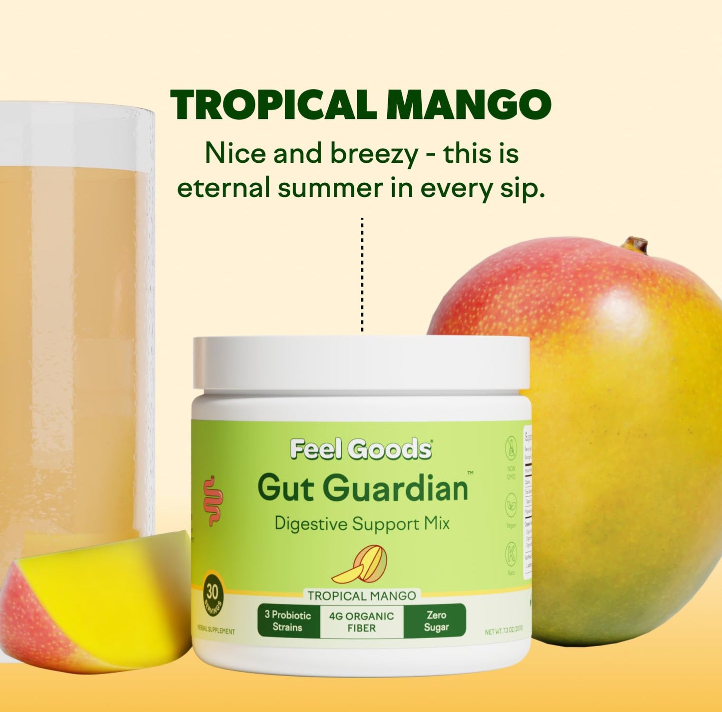 Feel Goods Gut Guardian – Organic Fiber, Probiotic & Prebiotic Powder (Sugar Free, Vegan) Tropical Mango 30 Count