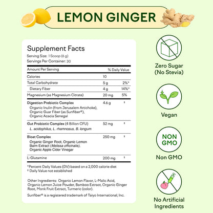 Feel Goods Gut Guardian: Organic Fiber, Probiotic & Prebiotic Powder – Lemon Ginger, Sugar Free, 30 Servings