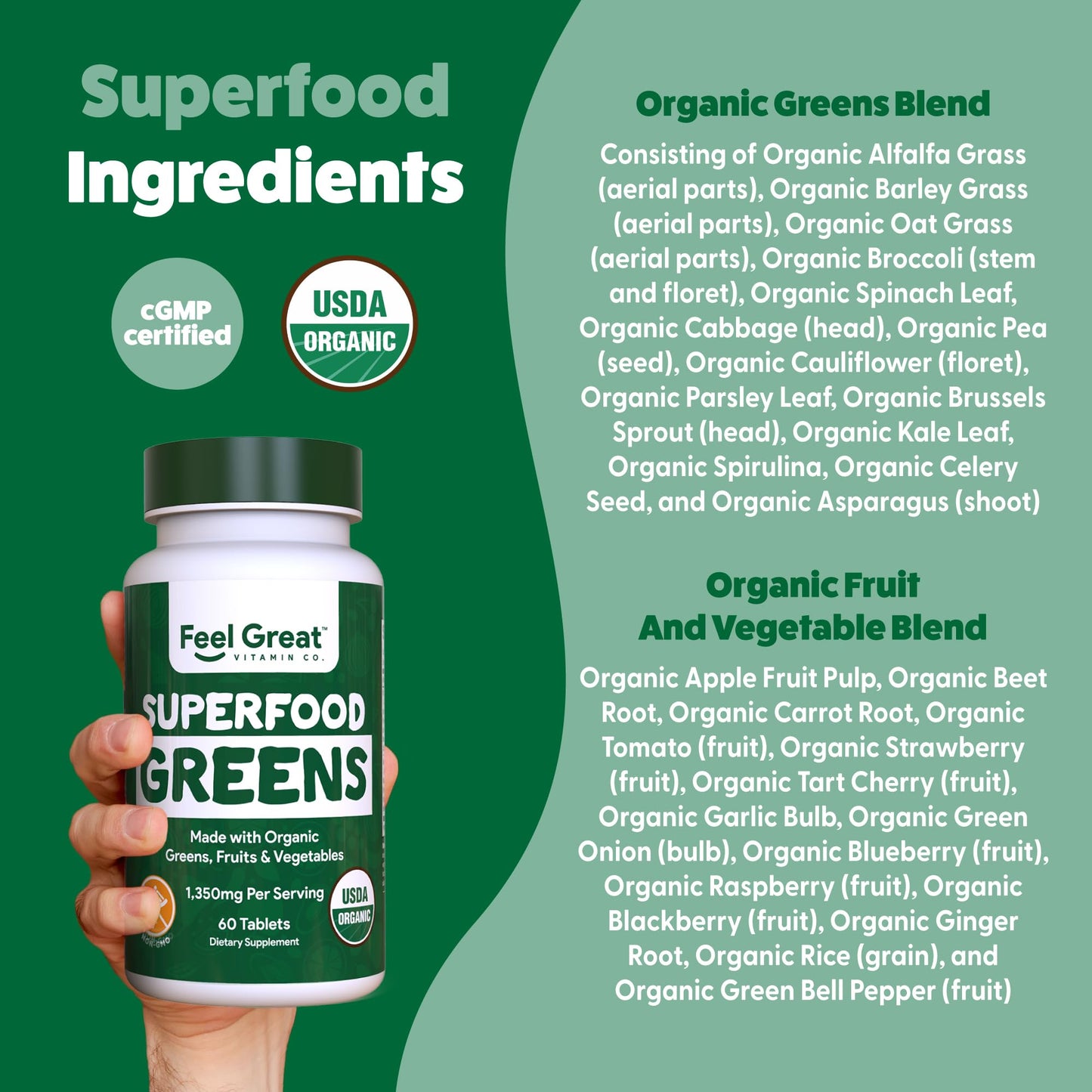 Feel Great Vitamins Super Greens Tablets – Organic Greens, Fruits & Veggies | 60 Tablets