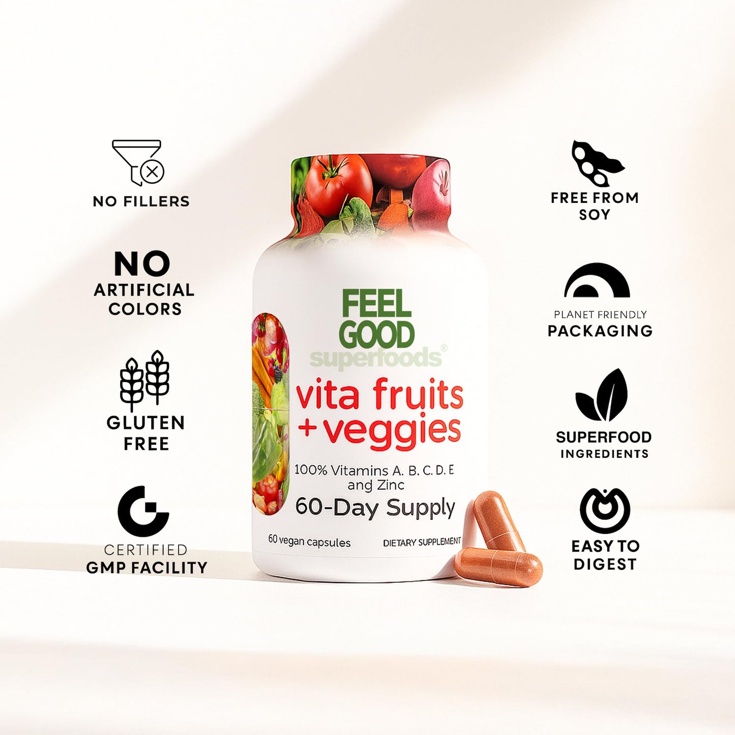 FeelGood Vita Fruits & Veggies Capsules – 25 Superfood Ingredients Multivitamin, 60 Count for Men & Women