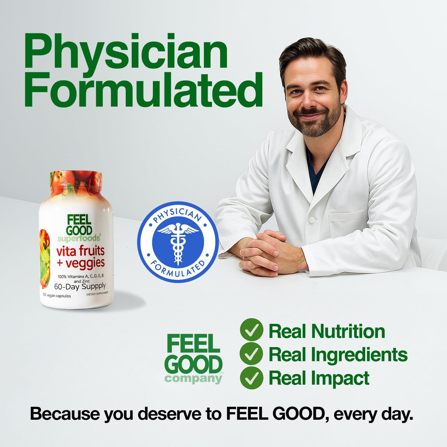 FeelGood Vita Fruits & Veggies Capsules – 25 Superfood Ingredients Multivitamin, 60 Count for Men & Women