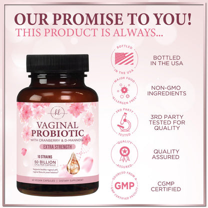 Vaginal Probiotics 50B CFU - 10 Strains with Cranberry & D-Mannose | Vaginal pH & Flora Balance - 60 Capsules