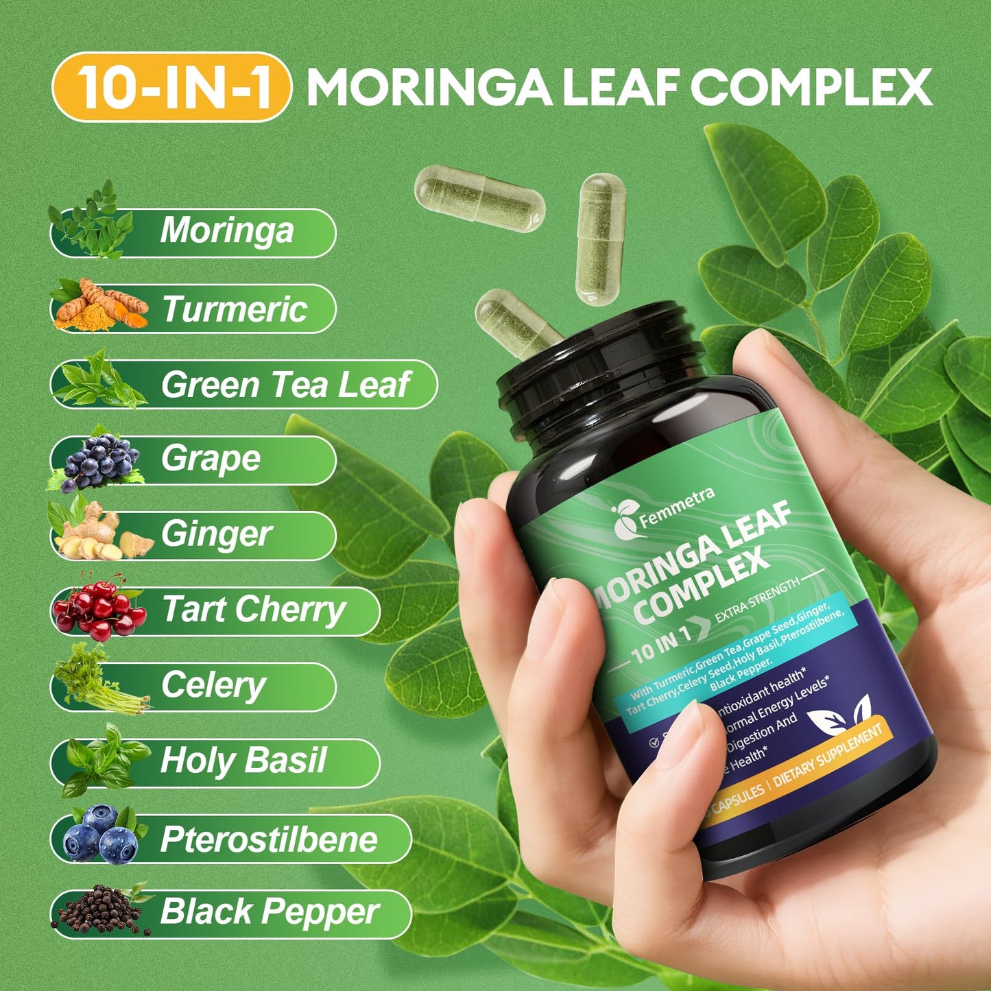 Femmetra Moringa Turmeric Capsules – 10-in-1 Moringa Leaf Complex | Energy & Digestive Support | 60 Day Supply