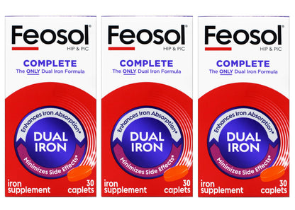 Feosol Complete Iron Supplement – Bifera HIP & PIC, 30 Caplets, Pack of 3