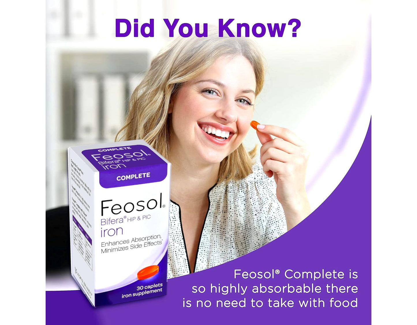 Feosol Complete Iron Supplement – Bifera HIP & PIC, 30 Caplets, Pack of 3