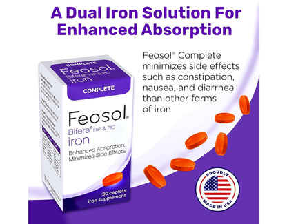 Feosol Complete Iron Supplement – Bifera HIP & PIC, 30 Caplets, Pack of 3