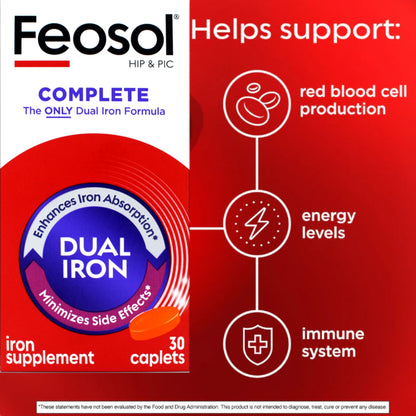 Feosol Complete Iron Supplement – Bifera HIP & PIC, 30 Caplets, Pack of 3