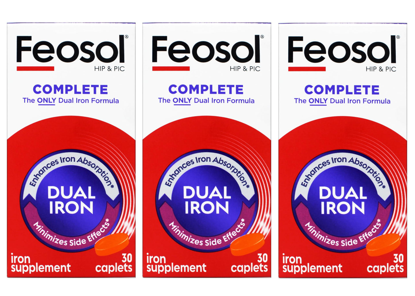 Feosol Complete Iron Supplement – Bifera HIP & PIC, 30 Caplets, Pack of 3