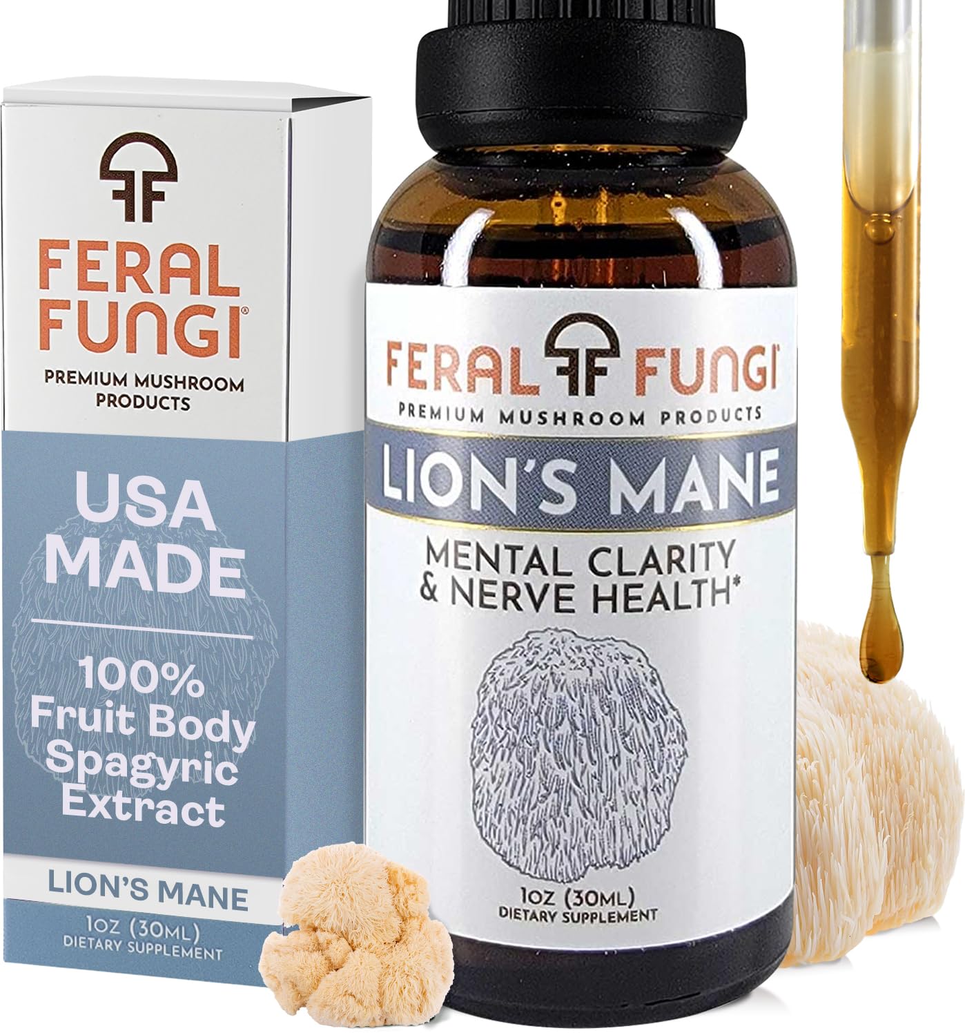 Feral Fungi Lion's Mane Tincture - 1 oz | 100% Pure USA-Grown Mushroom Extract