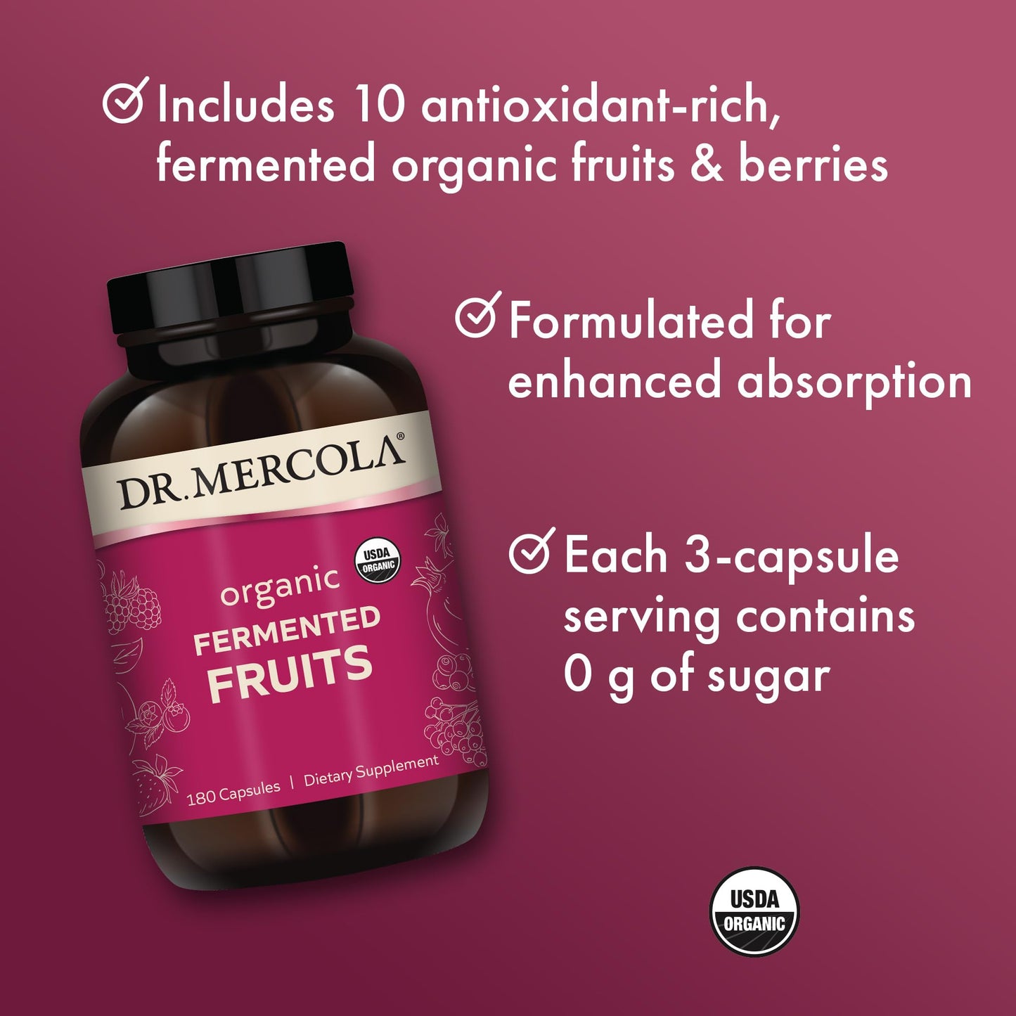 Dr. Mercola Organic Fermented Fruits – 30 Servings, 180 Capsules, Immune Support, USDA Organic